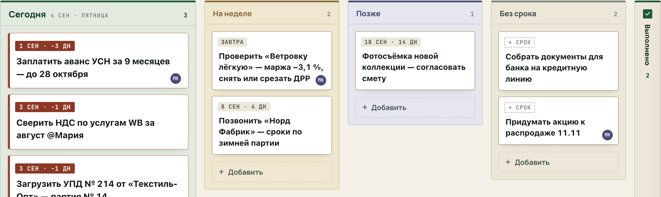 Доска задач команды по срокам